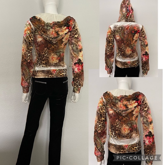 WOMEN VELOUR TRACKSUIT 2PC SET JACKET/BLACK PANTS LOUNGEWEAR HOODED ANIMAL PRINT - Picture 2 of 14